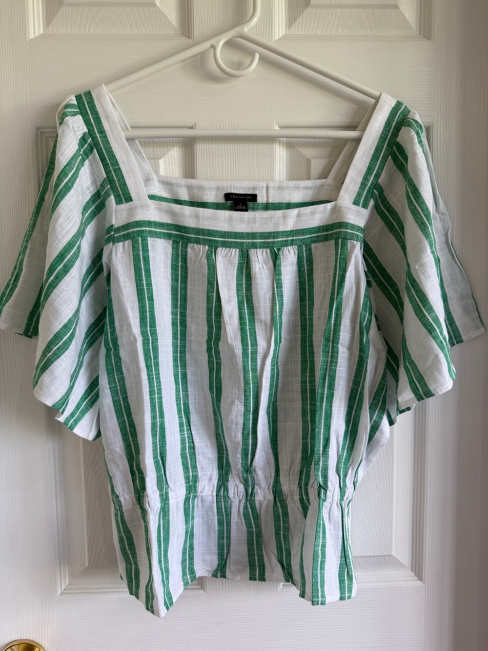 NWT Ann Taylor White and Green Striped Square-Neck Peplum Top